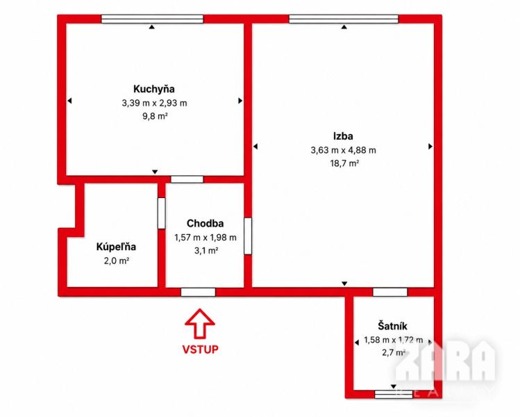 Floor plan of a 2-room apartment with a kitchen, bathroom, hallway, and closet.
