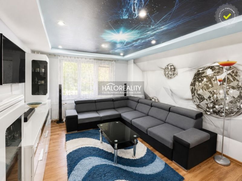 Living room in a studio apartment with a comfortable sofa, decorative ceiling, and floor with a wooden decor.