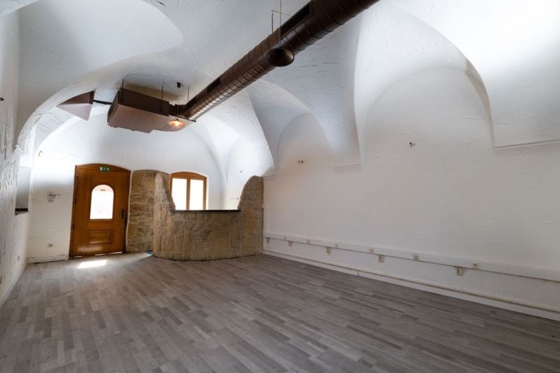 An interior with a vaulted ceiling and a floor with a wooden decor. Unique properties.