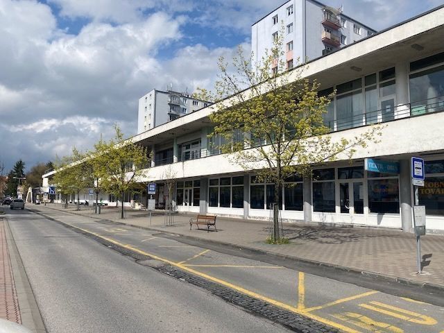 Commercial premises in the city center of Zvolen, by the road with a tree-lined avenue and parking.