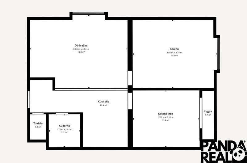 Floor plan of a 3-room apartment: living room, bedroom, kitchen, children's room, loggia, bathroom, toilet.