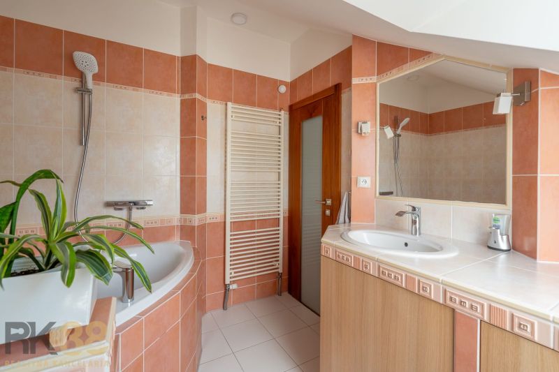 Bathroom in a 3-room apartment with a shower, bathtub, sink, and a plant on the tiles.