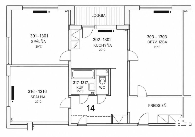 Floor plan of a 3-room apartment with a loggia, kitchen, living room, and bathroom.