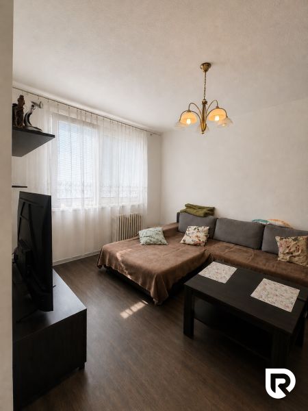 Living room in a 3-room apartment with a sofa, table, and wooden decor flooring.