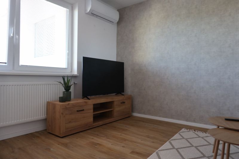 A television on a wooden cabinet, a floor with a wooden decor, a corner of the living room in a 2-room apartment.