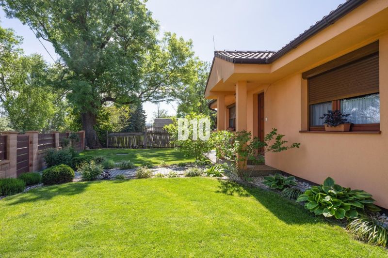 A family house in Bíkovy Humence with a lawn and trees in a well-maintained garden.