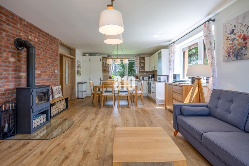 Living room with wood-patterned flooring, a fireplace, and a dining table in a family house.