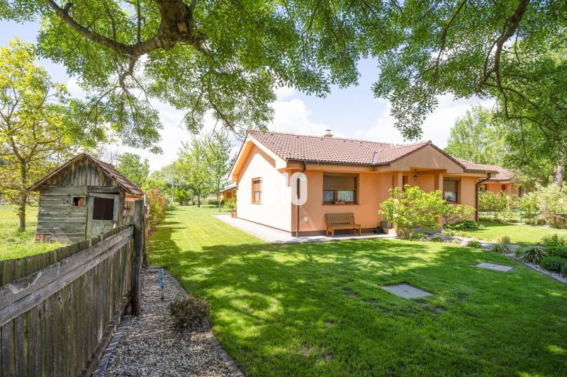 A family house in Bílkove Humence surrounded by a garden with trees and a lawn.