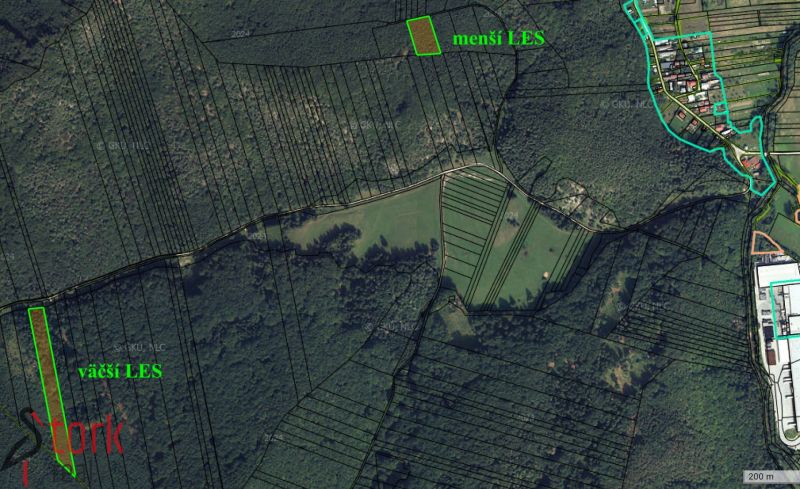 An aerial map shows agricultural and forest lands in the area of Rajecká Lesná.