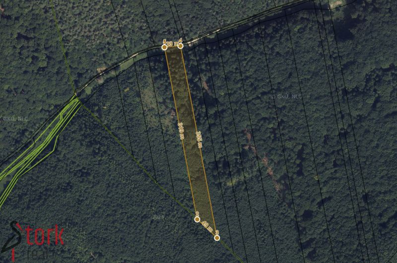 Aerial map of agricultural and forest lands in Rajecká Lesná, with plot markings.