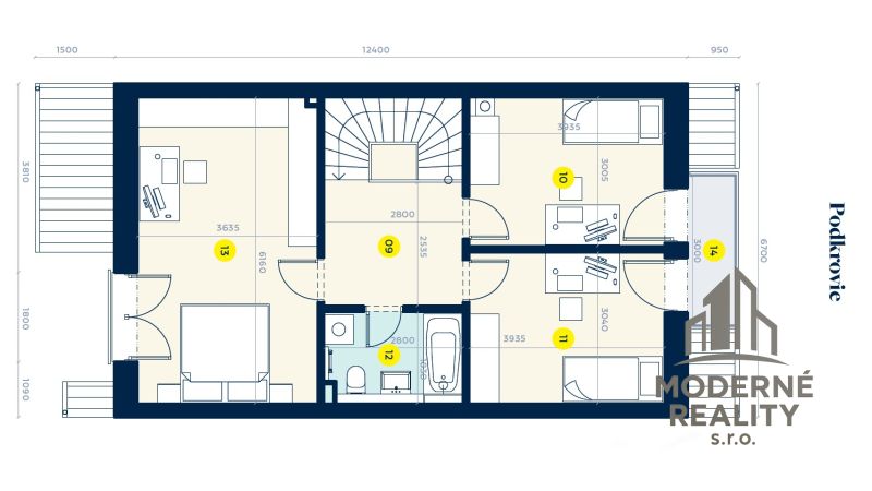 Attic floor plan of a family house with three rooms, a bathroom, and a hallway.