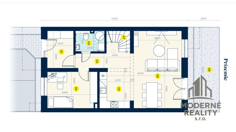Ground floor plan of a family house with four rooms and a staircase.