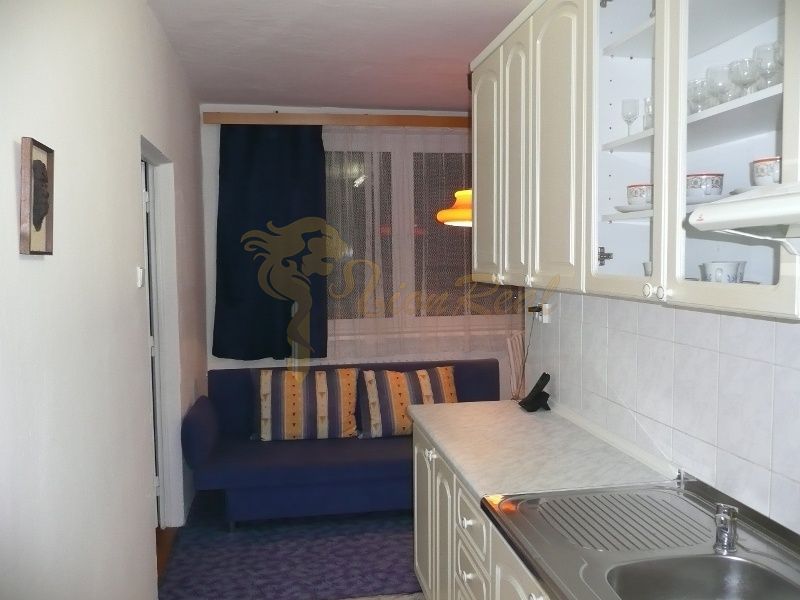 A kitchen with a sofa in a 2-room apartment, basement cabinets, and curtains.