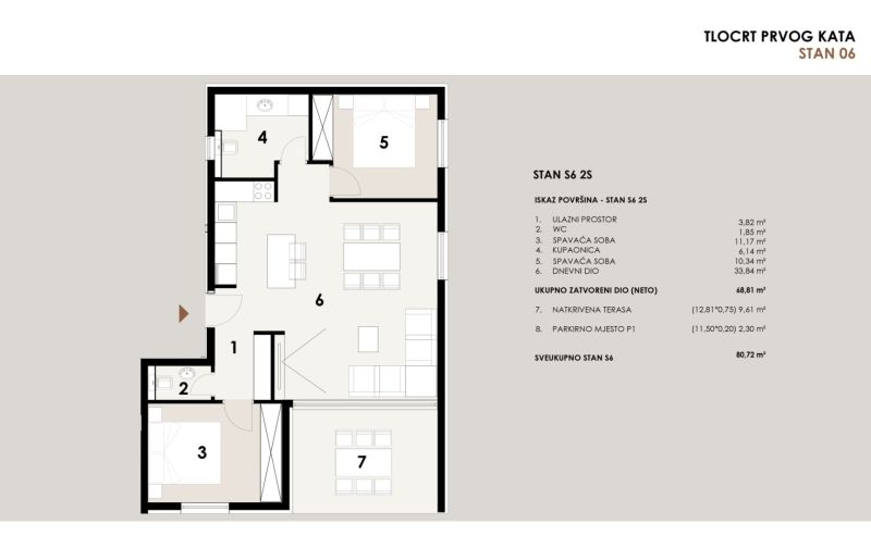 Floor plan of a 3-room apartment with a terrace, bathroom, and parking space.
