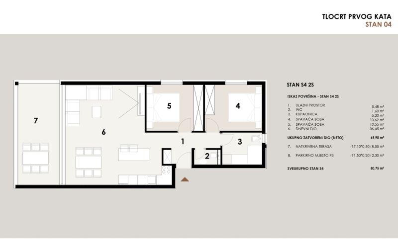 Floor plan of a 3-room apartment with two bedrooms, a bathroom, and a terrace.