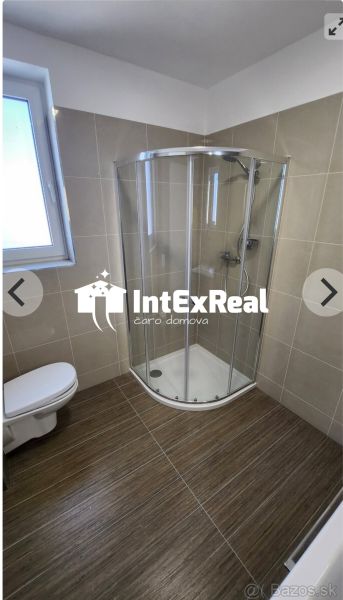 Bathroom in a studio apartment with a corner shower and a wooden decor floor.
