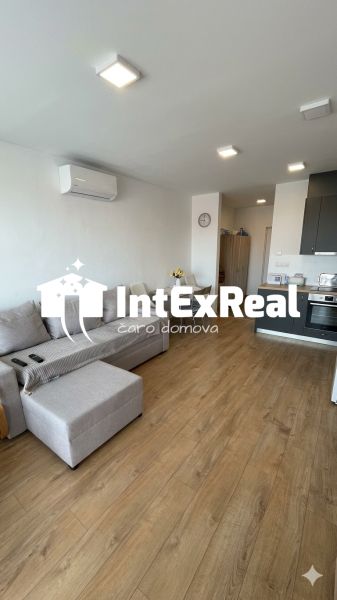 Living room with a sofa, kitchenette, and wooden decor flooring in a studio apartment.
