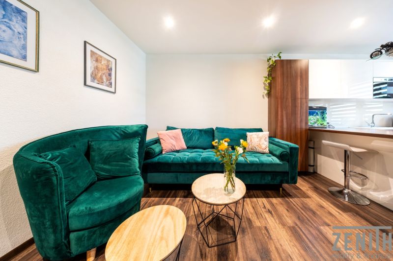 3-bedroom apartment with a sofa, flowers on the table, and a wooden-patterned floor.