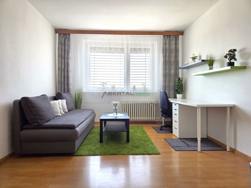 Living room in a studio apartment with a sofa, desk, and wood-patterned flooring.