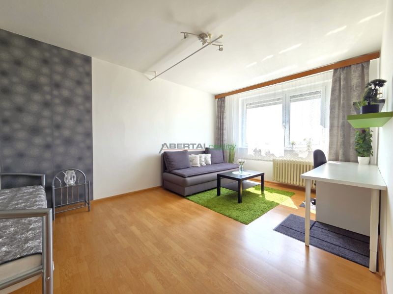 1-bedroom apartment with a sofa, desk, carpet, and wooden decor flooring.