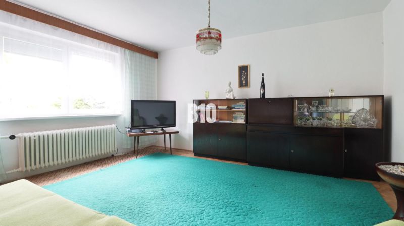 A living room in a family house with a television, dark furniture, and a green carpet.