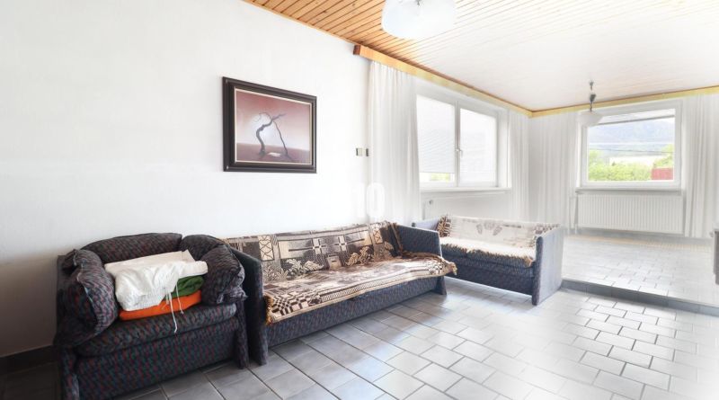 A room in a family house with a sofa, a painting on the wall, and large windows.
