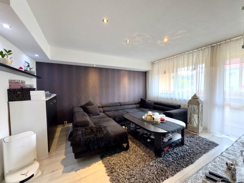 Living room in a 4-room apartment with a dark sofa, wooden decor flooring, and decorations.
