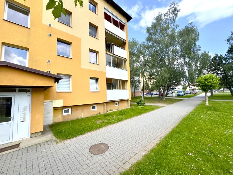 The exterior of the apartment building in Lipany with greenery suitable for a 4-room apartment.