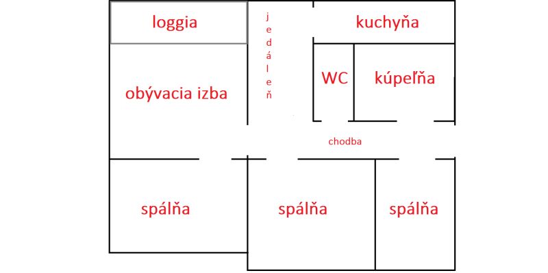 The floor plan of a 4-room apartment includes a living room, kitchen, three bedrooms, and a bathroom.