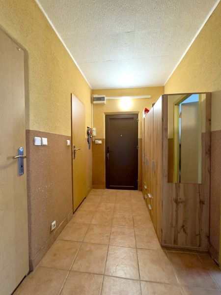 A hallway with closets in a 4-room apartment with tiles and wooden doors.