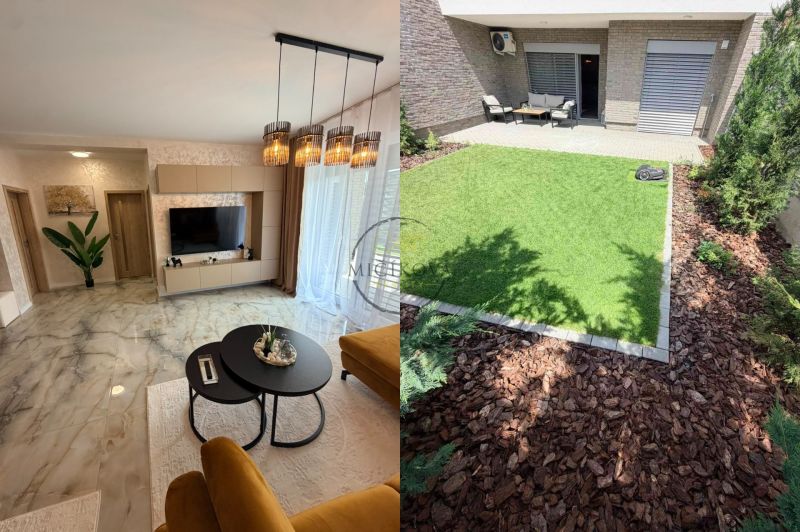 Interior of a 2-room apartment with a marble floor and exterior with a lawn in Galanta.