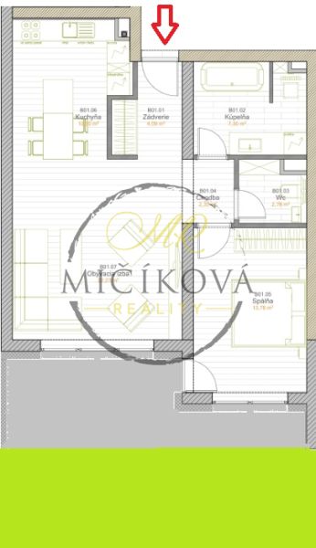 Floor plan of a 2-room apartment. It shows the layout of the kitchen, living room, and bedroom.