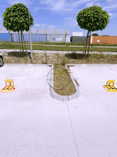 A parking lot with young trees and warehouses in the background in Galanta, suitable for a 2-room apartment.