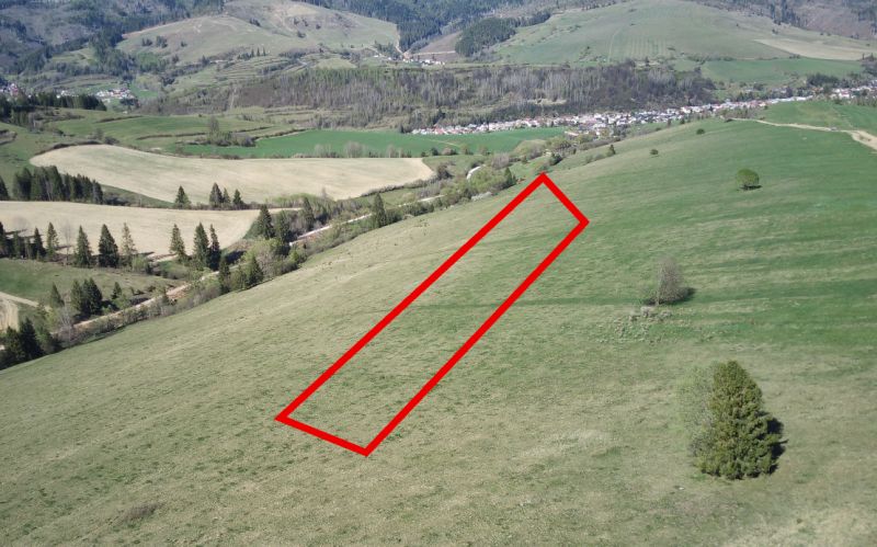 Hilly landscape with a highlighted strip of agricultural and forest land near Čierny Balog.