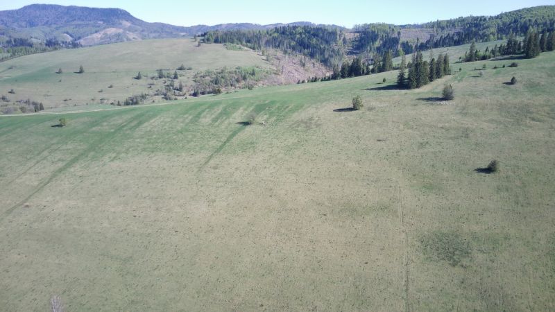 Agricultural and forest land in the Čierny Balog area, with expansive green meadows and trees.