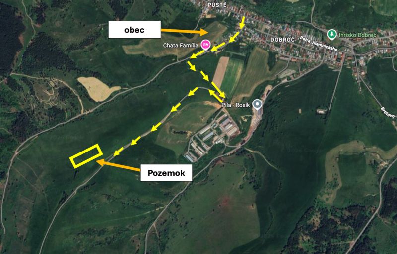 Aerial view of agricultural and forest lands in Čierny Balog with route marking.