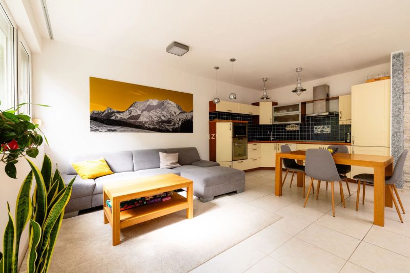 Living room with a kitchenette, sofa, and table in a 2-room apartment.