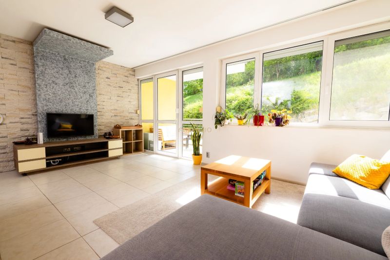Living room in a two-room apartment with large windows and a TV wall.