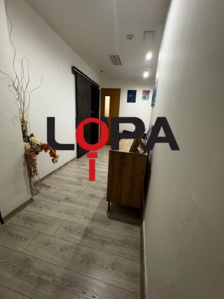 A narrow interior hallway with wood-patterned flooring, decoration, and doors.