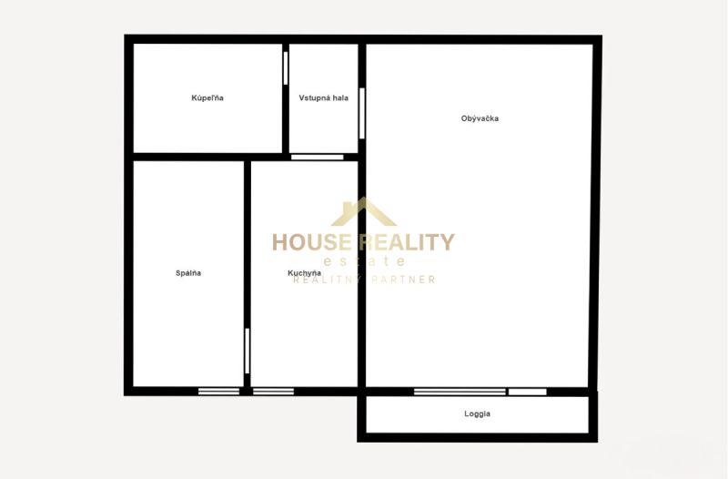 Floor plan of a 2-room apartment with an entrance hall, bathroom, kitchen, and loggia.