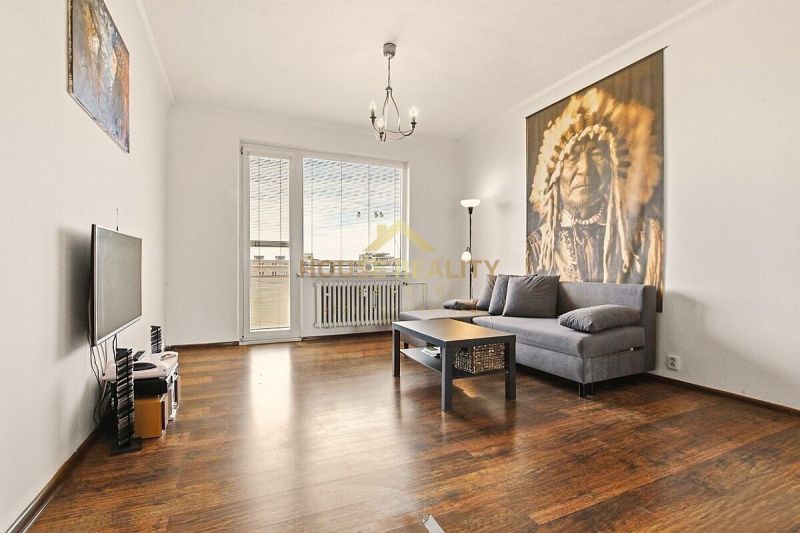 Living room in a two-room apartment with a sofa, TV, and wooden decor flooring.