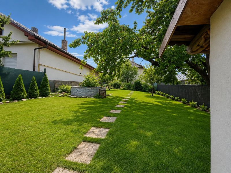 The garden of a family house in Šalgovce with a lawn, trees, and a paved walkway.
