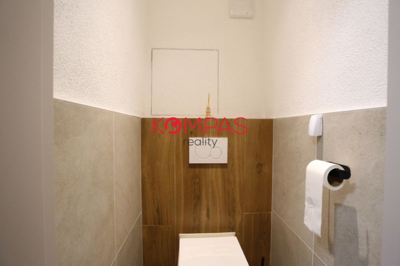 Bathroom in a 2-room apartment with wood-patterned flooring and a toilet.