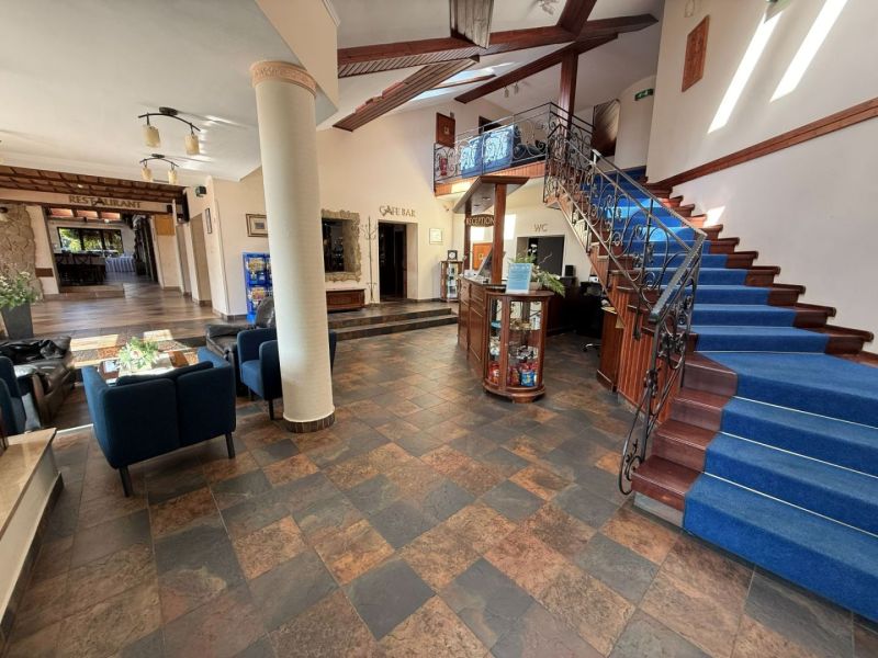 Hotel reception with blue carpet on the stairs and armchairs, floor with wood decor.