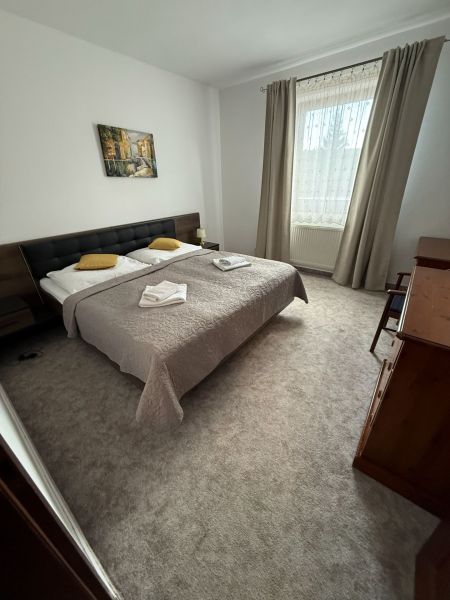 Bright room in hotels and guesthouses with a double bed, curtains, and art on the wall.
