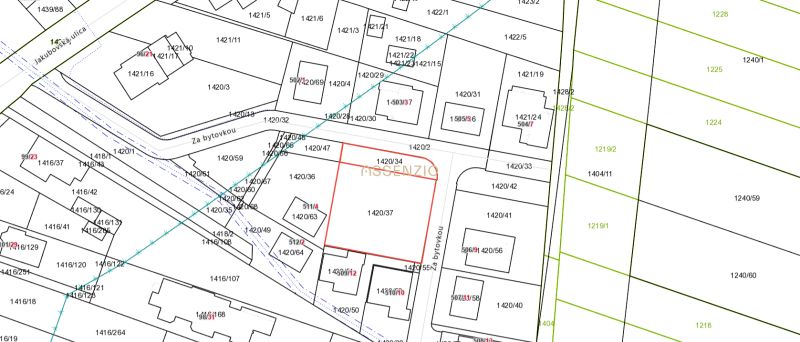 Cadastral map with marked plots and parcels in Kostolište on the street Za bytovkou.