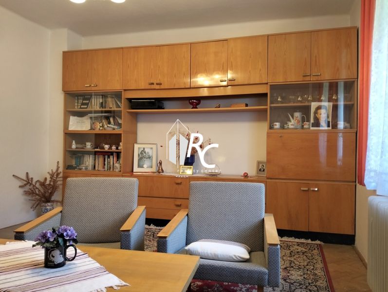 Living room in a family house with a wooden wall unit and retro furniture.