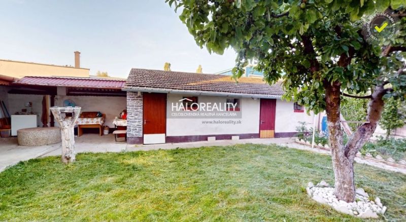 A garden at a family house in Senica with a lawn and a tree, an extension at the back.