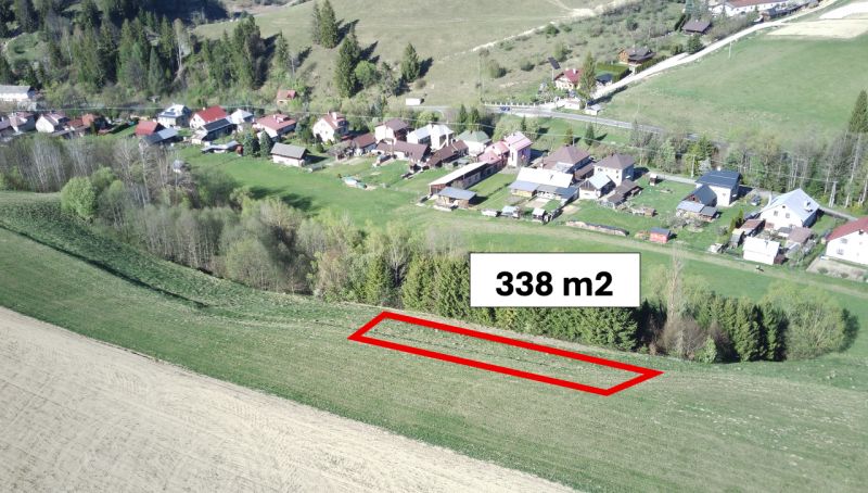 Aerial view of agricultural and forest land in Čierny Balog with a marked plot.