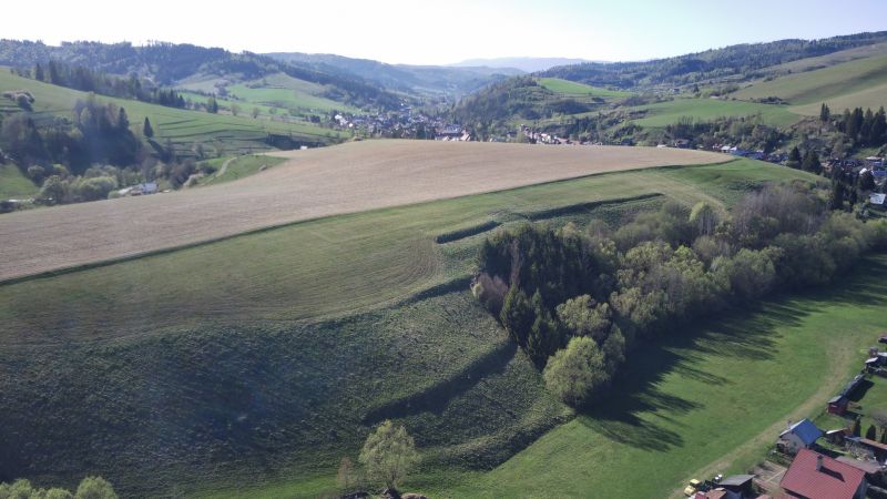 Agricultural and forest lands around Čierny Balog with a view of picturesque mountains.
